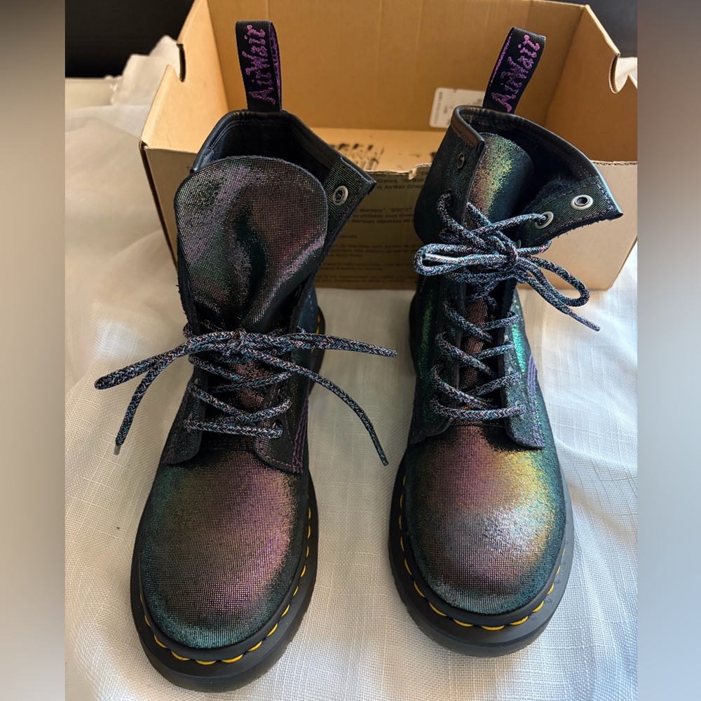 DOC MARTEN’S | Disco Iridescent Midnights Suede Leather Combat Lace Booties - Picture 7 of 7